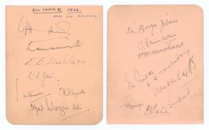 All India tour of England 1936. Album page very nicely signed in ink to both sides of the page by sixteen members of the Indian touring party to England in 1936. Signatures are Maharajkumar of Vizianagram, Amarnath, Hindlekar, Jai, S.M. Hussain, Nayudu, W