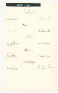&lsquo;India 1946&rsquo;. Large sheet of &lsquo;ledger&rsquo; size paper (9.5&rdquo;x15.5&rdquo;) very nicely signed in black ink by fifteen members of the 1946 Indian touring party to England. Signatures are Nawab of Pataudi (Captain), Merchant, Sarwate, Banerjee, Nimbalkar, Mushtaq Ali, M