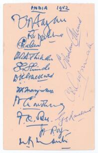 India tour to England 1952. Album page signed in ink by fourteen members of the Indian touring party. Signatures are Hazare (Captain), Divecha, Gaekwad, Adhikari, Shinde, D.K. Gaekwad, Manjrekar, Chowdhury, Sen, Roy, Mantri, Ghulam Ahmed, Gopinath and Ram