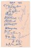 India tour to England 1952. Album page signed in ink by fourteen members of the Indian touring party. Signatures are Hazare (Captain), Divecha, Gaekwad, Adhikari, Shinde, D.K. Gaekwad, Manjrekar, Chowdhury, Sen, Roy, Mantri, Ghulam Ahmed, Gopinath and Ram