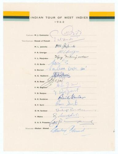India tour to West Indies 1961/62. Rare official autograph sheet with printed title and players&rsquo; names, fully signed in ink by all seventeen listed members of the Indian touring party. Signatures are Contractor (Captain), Nawab of Pataudi, Jaisimha, Umrig