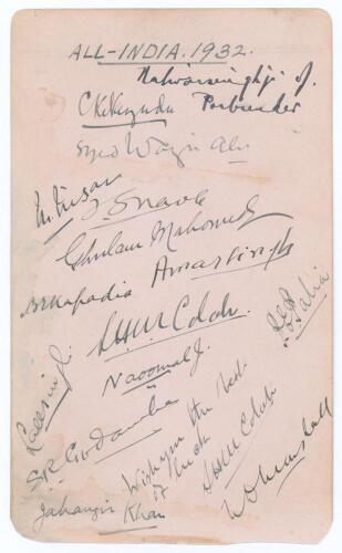 &lsquo;All India 1932&rsquo;. Album page very nicely signed in ink by fifteen members of the India touring party. Signatures are Maharaja of Porbandar (Captain), Nayudu, Wazir Ali, Nissar, Navle, Ghulam Mohammad, Kapadia, Amar Singh, Colah (signed twice), Palia, Lall