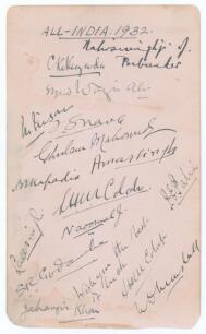&lsquo;All India 1932&rsquo;. Album page very nicely signed in ink by fifteen members of the India touring party. Signatures are Maharaja of Porbandar (Captain), Nayudu, Wazir Ali, Nissar, Navle, Ghulam Mohammad, Kapadia, Amar Singh, Colah (signed twice), Palia, Lall