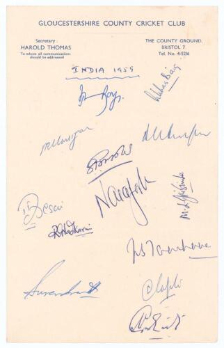 India tour to England 1959. Page of Gloucestershire C.C.C. official headed note paper nicely signed in ink by thirteen members of the 1959 Indian touring party. Signatures are Roy, Baig, Umrigar, Kripal Singh, Gupte, Desai, Joshi, Nadkarni, Jaisinha, Tamh