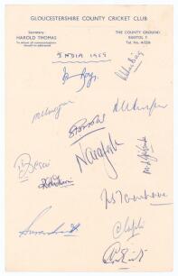 India tour to England 1959. Page of Gloucestershire C.C.C. official headed note paper nicely signed in ink by thirteen members of the 1959 Indian touring party. Signatures are Roy, Baig, Umrigar, Kripal Singh, Gupte, Desai, Joshi, Nadkarni, Jaisinha, Tamh