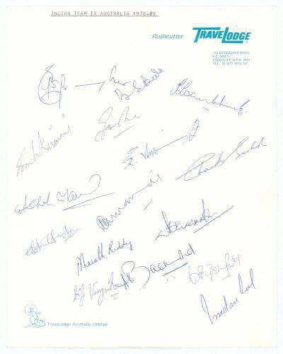 India tour of Australia 1977/78. Sheet of &lsquo;Rushcutter TraveLodge&rsquo; (New South Wales) headed paper signed in biro by sixteen members of the Indian touring party. Signatures include Bedi (Captain), Chandrasekhar, Kirmani, Amarnath, Reddy, Chauhan, Madan Lal,