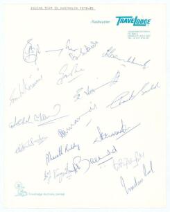 India tour of Australia 1977/78. Sheet of &lsquo;Rushcutter TraveLodge&rsquo; (New South Wales) headed paper signed in biro by sixteen members of the Indian touring party. Signatures include Bedi (Captain), Chandrasekhar, Kirmani, Amarnath, Reddy, Chauhan, Madan Lal,