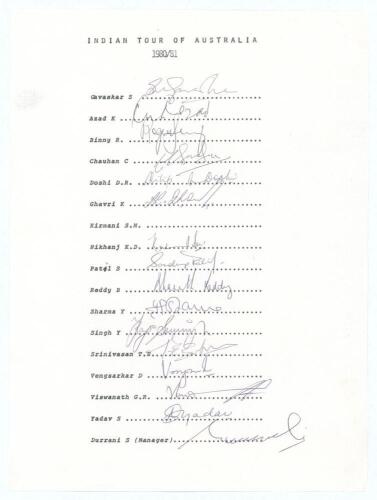 &lsquo;Indian tour of Australia 1980/81&rsquo;. Rarer official autograph sheet with printed title and players&rsquo; names, signed in ink by seventeen listed members of the touring party to Australia and New Zealand. Signatures are Gavaskar (Captain), Azad, Binny, Chauhan,