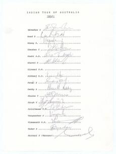 &lsquo;Indian tour of Australia 1980/81&rsquo;. Rarer official autograph sheet with printed title and players&rsquo; names, signed in ink by seventeen listed members of the touring party to Australia and New Zealand. Signatures are Gavaskar (Captain), Azad, Binny, Chauhan,
