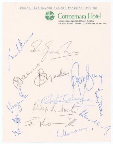 India v Pakistan 1979/80. Sheet of &lsquo;Connemara Hotel&rsquo; (Madras) headed note paper signed in biro by thirteen members of the Indian team. Typed title to top &lsquo;Indian Test Quad against Pakistan 1979-80&rsquo;. Signatures include Gavaskar (Captain), Kirmani, Yadav, B