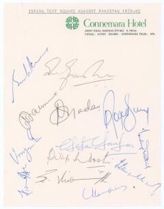India v Pakistan 1979/80. Sheet of &lsquo;Connemara Hotel&rsquo; (Madras) headed note paper signed in biro by thirteen members of the Indian team. Typed title to top &lsquo;Indian Test Quad against Pakistan 1979-80&rsquo;. Signatures include Gavaskar (Captain), Kirmani, Yadav, B