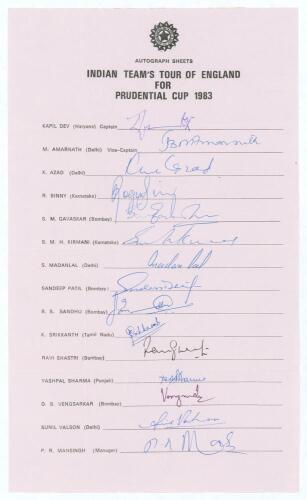 &lsquo;Indian Team&rsquo;s tour of England for Prudential World Cup 1983&rsquo;. Large official autograph sheet with printed title and players&rsquo; names, nicely and fully signed in ink by all fifteen listed members of the touring party. Signatures are Kapil Dev (Captain), Ama