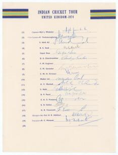 India tour of England 1974. Official autograph sheet with printed title and players&rsquo; names, nicely signed in blue and black ink by seventeen of the listed members of the touring party. Players&rsquo; signatures are Wadekar (Captain), Venkataraghavan, Abid Ali, 