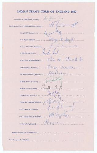 &lsquo;Indian Team&rsquo;s tour of England 1982&rsquo;. Large official autograph sheet with printed title and players&rsquo; names, signed in ink by all sixteen listed playing members of the touring party. Signatures are Gavaskar (Captain), Vishwanath, Kapil Dev, Doshi, Kirmani,