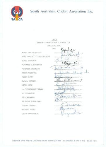 &lsquo;India. Benson & Hedges World Series Cup, Adelaide Oval 1986&rsquo;. Official South Australian Cricket Association autograph sheet with printed players&rsquo; names fully signed by all sixteen listed members of the India touring party. Signatures are Kapil Dev (Capta