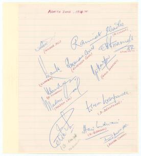 India. &lsquo;North Zone 1974/75&rsquo;. Ruled page with handwritten title signed in blue biro by twelve members of the team and manager. Players&rsquo; names annotated in red below each signature. Players&rsquo; signatures are Hyder Ali, Chadha, Lamba, Goel, Amarnath, Inderdev,