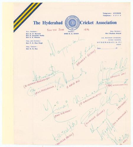 India. South Zone Team 1974. Official Hyderabad Cricket Association letterhead signed in green biro by fifteen members of the South Zone team. The majority with name annotated in red below the signature. Signatures include Venkataraghavan, Reddy, Prasanna