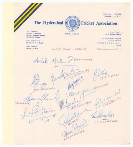 India. West Zone Team 1974/75. Official Hyderabad Cricket Association letterhead signed in biro by fourteen members of the West Zone team. The majority with name annotated in red below the signature. Signatures include Mankad (Captain), Kanitkar, Shivalka