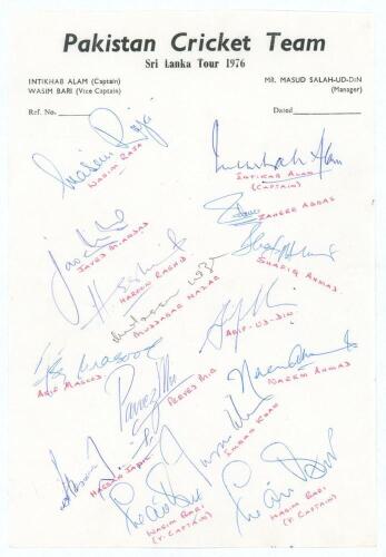 Pakistan tour to Sri Lanka 1975/76. Rare official autograph sheet with printed title signed in biro by fourteen playing members of the Pakistan touring party. Signatures are Intikhab Alam (Captain), Wasim Raja, Javed Miandad, Zaheer Abbas, Haroon Rashid, 