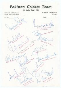 Pakistan tour to Sri Lanka 1975/76. Rare official autograph sheet with printed title signed in biro by fourteen playing members of the Pakistan touring party. Signatures are Intikhab Alam (Captain), Wasim Raja, Javed Miandad, Zaheer Abbas, Haroon Rashid, 