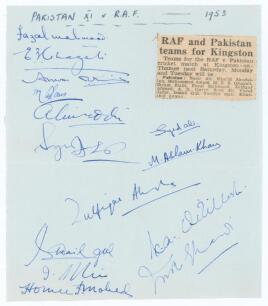 Pakistan Eaglets tour to England and Wales 1953. Small page nicely signed in ink by fourteen members of the Pakistan team for the opening match of the tour v Royal Air Force, Kingston-upon-Thames 20th- 23rd June 1953. Signatures include Fazal Mahmood, Gha