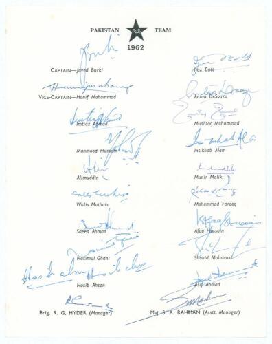 Pakistan tour to England 1962. Official autograph sheet with printed title and players&rsquo; names, nicely and fully signed by all twenty listed members of the touring party. Players&rsquo; signatures are Javed Burki (Captain), Hanif Mohammad, Imtiaz Ahmed, Mahmood 