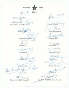 Pakistan tour to England 1962. Official autograph sheet with printed title and players&rsquo; names, nicely and fully signed by all twenty listed members of the touring party. Players&rsquo; signatures are Javed Burki (Captain), Hanif Mohammad, Imtiaz Ahmed, Mahmood 