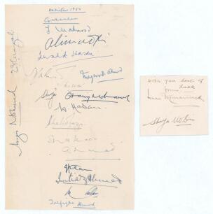 Pakistan inaugural tour to England 1954. Page nicely signed in ink by eighteen members of the Pakistan touring party. Signatures include A.H. Kardar (Captain), Fazal Mahmood, Alim-ud-Din, Khalid Hassan, Maqsood Ahmed, Shuja-ud-Din, Shakoor Ahmed, Imtiaz A