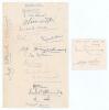 Pakistan inaugural tour to England 1954. Page nicely signed in ink by eighteen members of the Pakistan touring party. Signatures include A.H. Kardar (Captain), Fazal Mahmood, Alim-ud-Din, Khalid Hassan, Maqsood Ahmed, Shuja-ud-Din, Shakoor Ahmed, Imtiaz A
