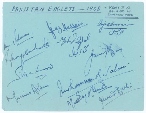 Pakistan Eaglets tour to England and Wales 1958. Album page nicely signed in ink by thirteen members of the Pakistan team for the final match of the tour v Kent 2nd XI, Dumpton Park, Broadstairs, 25th & 26th August 1958. Signatures include Mohammad Saleem