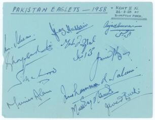 Pakistan Eaglets tour to England and Wales 1958. Album page nicely signed in ink by thirteen members of the Pakistan team for the final match of the tour v Kent 2nd XI, Dumpton Park, Broadstairs, 25th & 26th August 1958. Signatures include Mohammad Saleem