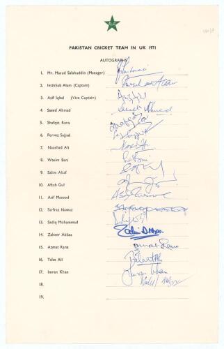 Pakistan tour to England 1971. Oversize official autograph sheet with printed title and players&rsquo; names, fully signed by all seventeen original listed members of the touring party, and one other. Players&rsquo; signatures are Intikhab Alam (Captain), Asif Iqbal,