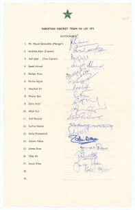Pakistan tour to England 1971. Oversize official autograph sheet with printed title and players&rsquo; names, fully signed by all seventeen original listed members of the touring party, and one other. Players&rsquo; signatures are Intikhab Alam (Captain), Asif Iqbal,