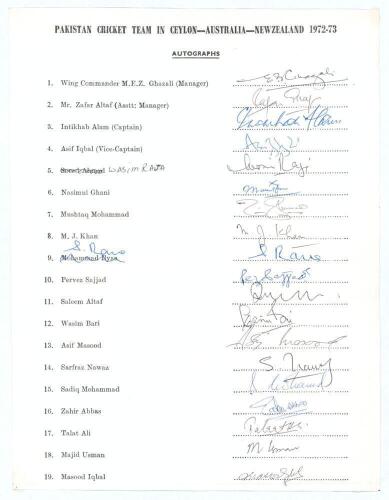 Pakistan tour to Ceylon, Australia & New Zealand 1972/73. Rare official autograph sheet with printed title and players&rsquo; names, fully signed by all nineteen listed members of the touring party. Signatures are Intikhab Alam (Captain), Asif Iqbal, Wasim Raja
