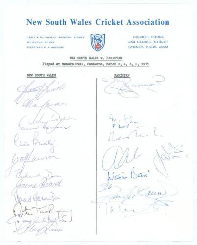 Pakistan tour to Australia 1978/79. Official New South Wales Cricket Association autograph sheet for the tour match v New South Wales at Canberra 3rd- 6th March 1979. Signed in biro by the twelve members of the New South Wales team and nine of Pakistan. S