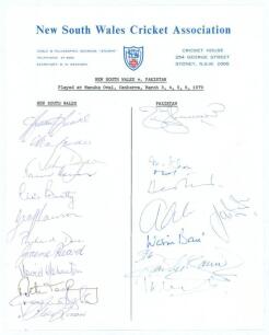 Pakistan tour to Australia 1978/79. Official New South Wales Cricket Association autograph sheet for the tour match v New South Wales at Canberra 3rd- 6th March 1979. Signed in biro by the twelve members of the New South Wales team and nine of Pakistan. S