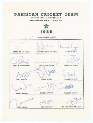 Pakistan tour to Australia (America Cup- Perth) 1986. Official autograph sheet with printed title and players&rsquo; names, fully signed in ink by all fifteen listed members of the touring party. Signatures are Imran Khan (Captain), Javed Miandad, Rameez Raja, 