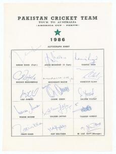 Pakistan tour to Australia (America Cup- Perth) 1986. Official autograph sheet with printed title and players&rsquo; names, fully signed in ink by all fifteen listed members of the touring party. Signatures are Imran Khan (Captain), Javed Miandad, Rameez Raja, 