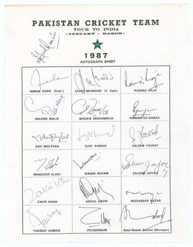 Pakistan tour to India &lsquo;January- March 1987&rsquo;. Rare official autograph sheet with printed title and players&rsquo; names, fully signed in ink by all eighteen listed members of the touring party. Signatures are Imran Khan (Captain), Javed Miandad, Rameez Raja, Sa