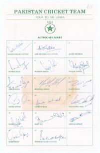 Pakistan tour to Sri Lanka 1994. Rarer large official autograph sheet with printed title and players&rsquo; names, signed in biro by sixteen of the listed members of the touring party. Signatures are Saleem Malik (Captain), Asif Mujtaba, Rameez Raja, Wasim Akra