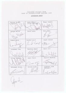 Pakistan tour to Australia & New Zealand 1995/96. Official autograph sheet with printed title and players&rsquo; names, signed in biro by seventeen of the listed members of the touring party. Signatures are Wasim Akram (Captain), Aamir Sohail, Waqar Younis, Sal