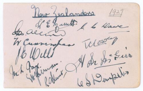 New Zealand tour to England 1927. Small album page very nicely signed in ink by eleven members of the New Zealand touring party. Signatures are Merritt, Allcott, Cunningham, Mills, Fox, Bernau, Blunt, Dacre, Lowry, McGirr and Dempster. Crease to one corne