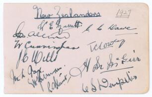 New Zealand tour to England 1927. Small album page very nicely signed in ink by eleven members of the New Zealand touring party. Signatures are Merritt, Allcott, Cunningham, Mills, Fox, Bernau, Blunt, Dacre, Lowry, McGirr and Dempster. Crease to one corne