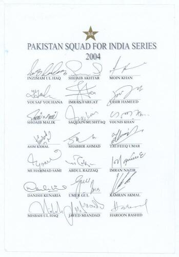 Pakistan tour to India 2004/05. Rarer official autograph sheet with printed title and players&rsquo; names, fully signed in ink by all twenty one listed members of the touring party. Signatures are Inzamam-ul-Haq, Shoaib Akhtar, Moin Khan, Yousuf Youhana, Imran