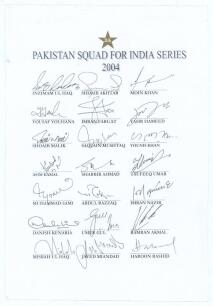 Pakistan tour to India 2004/05. Rarer official autograph sheet with printed title and players&rsquo; names, fully signed in ink by all twenty one listed members of the touring party. Signatures are Inzamam-ul-Haq, Shoaib Akhtar, Moin Khan, Yousuf Youhana, Imran