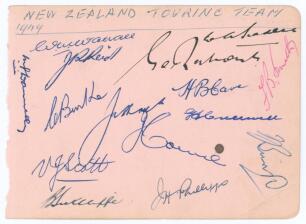 New Zealand tour to England 1949. Album page nicely signed in different coloured inks by fifteen members of the New Zealand touring party. Signatures are Hadlee (Captain), Wallace, Reid, Donnelly, Burke, Hayes, Scott, Sutcliffe, Rabone, Cave, Smith, Cress