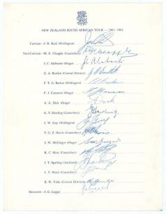 New Zealand tour to South Africa 1961/62. Scarce official autograph sheet with printed title and players&rsquo; names, fully and nicely signed in biro by all sixteen of the listed members of the touring party. Signatures are Reid (Captain), Chapple, Alabaster, 