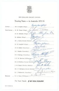 New Zealand tour to Australia 1973/74. Rarer official New Zealand Cricket Council autograph sheet with printed title and players&rsquo; names, nicely and fully signed in ink by all fifteen listed members of the New Zealand touring party. Signatures are Congdon 