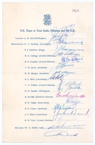New Zealand tour to India, Pakistan & England 1965. Rarer official autograph sheet with printed title and players&rsquo; names, fully and nicely signed in ink by all sixteen of the listed members of the New Zealand touring party and one other. Signatures are Re