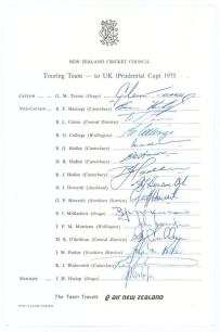 New Zealand tour to England for the Prudential World Cup 1975. Official New Zealand Cricket Council autograph sheet with printed title and players&rsquo; names, nicely and fully signed in ink by all fifteen listed members of the New Zealand touring party. Signa